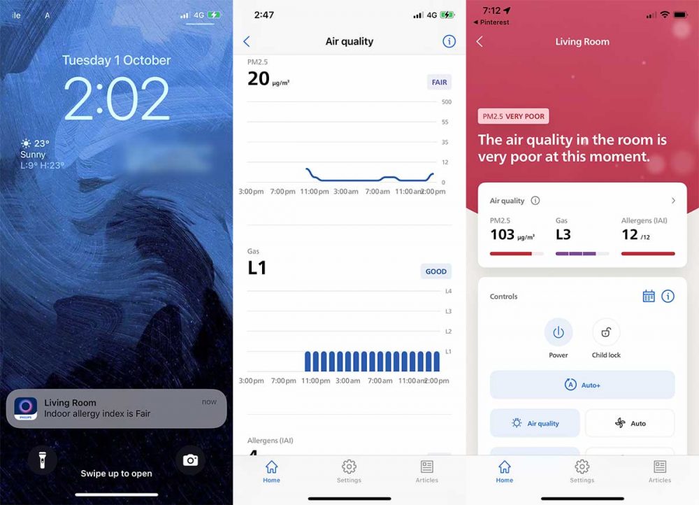 Screenshots from an Apple iPhone, showing various functions and features of the Philips Air+ app.