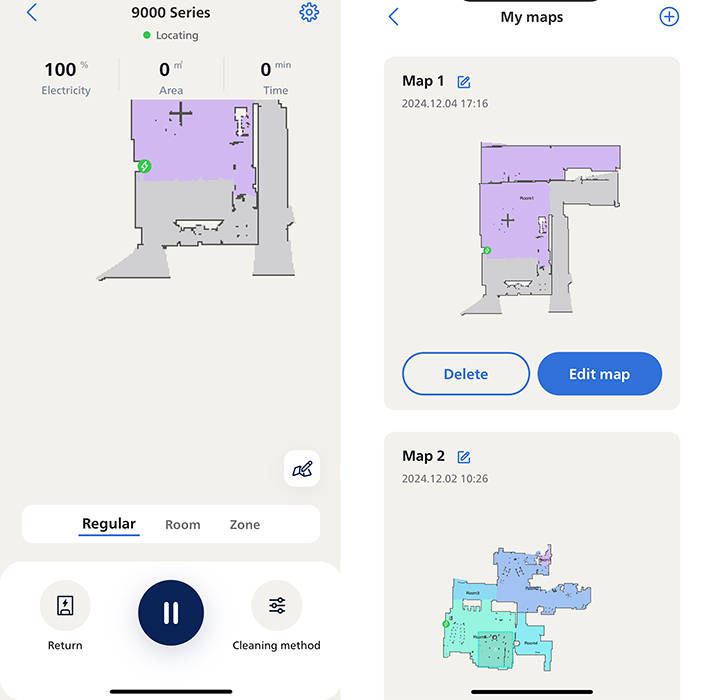 Screenshots from a mobile application showing a floorplan that has been mapped by the Philips robot vacuum, as well as basic remote controls to start or pause the vacuum cleaner.