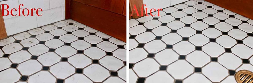 Before and after using a Bissell SpinWave Cordless Mop on a bathroom floor.