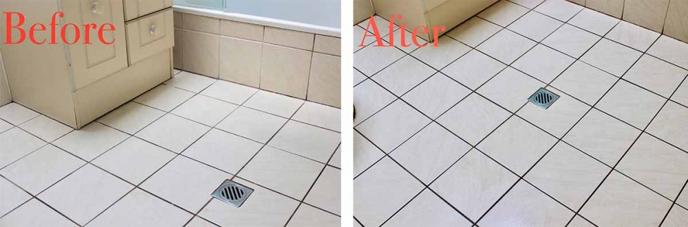 Before & After photos of our reviewer's son's bathroom upon using the Bissell SpinWave Cordless Mop.