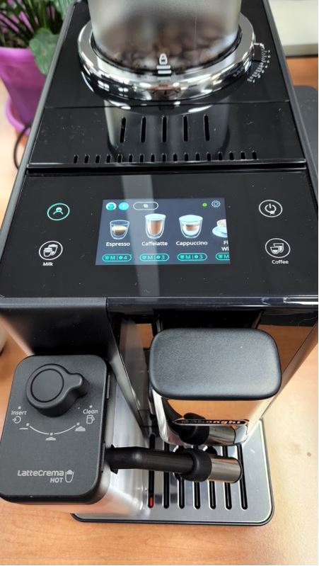A variety of beverage options being displayed on the De'Longhi Rivelia Automatic Coffee Machine's display screen.