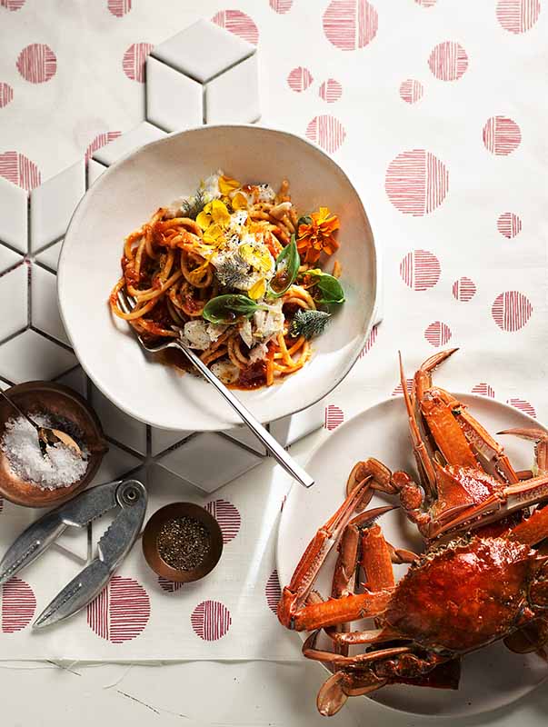 Blue swimmer crab with bucatini, tomato and verbena butter.