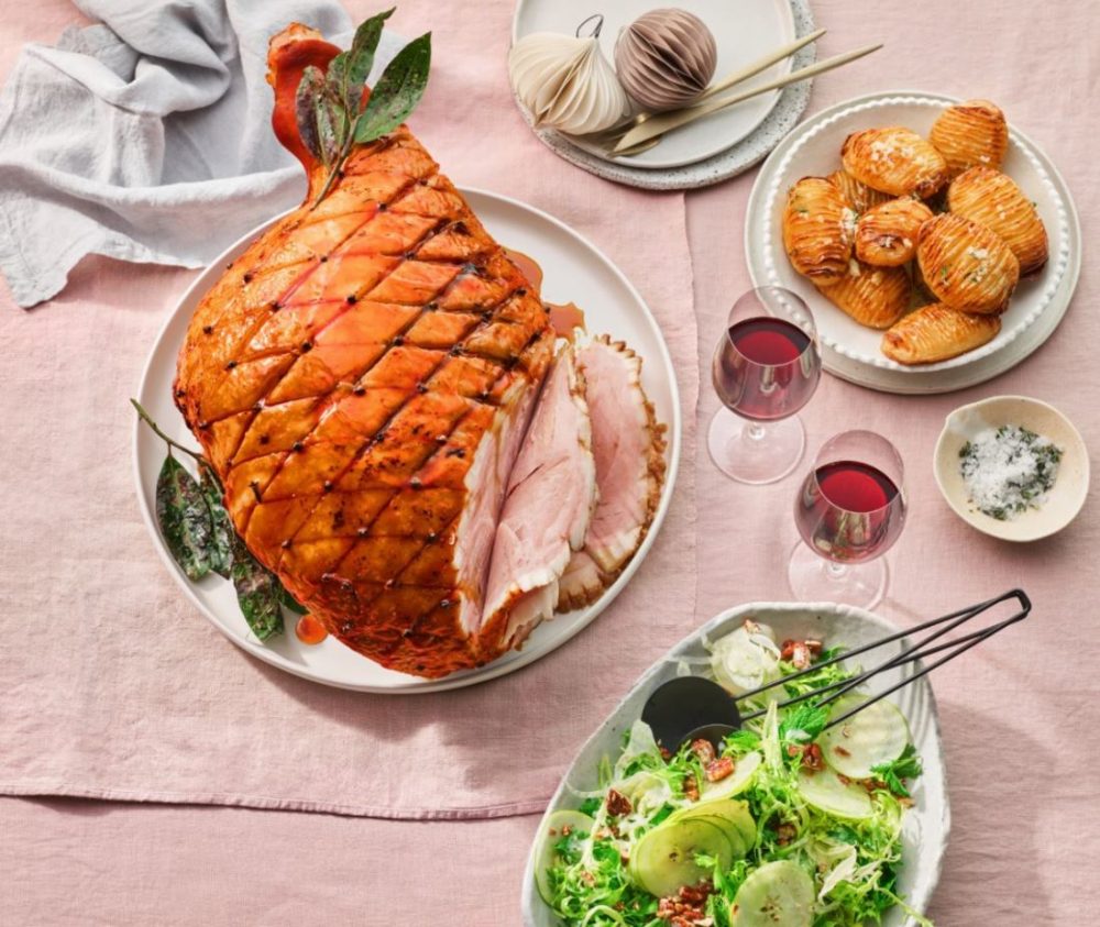 Bourbon Ham + Roast Hasselback Potatoes + Apple Salad