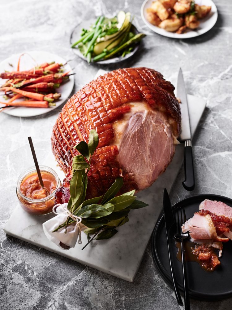 Recipe for bourbon, maple and mustard glazed ham with peach chutney and sides