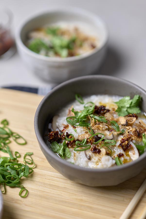 Bowl with Mushroom Congee inside.