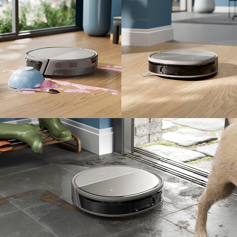 Photo sequence, showing the Philips HomeRun robot vacuum cleaning up spilled ice cream on a wooden floor and cleaning up after a dog that has tracked mud onto a tiled floor. In both cases the floor is left clean afterwards.