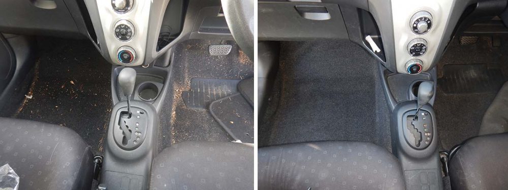 Before and after images of a car cleaned with the Dyson V11 Outsize Cordless Vacuum.