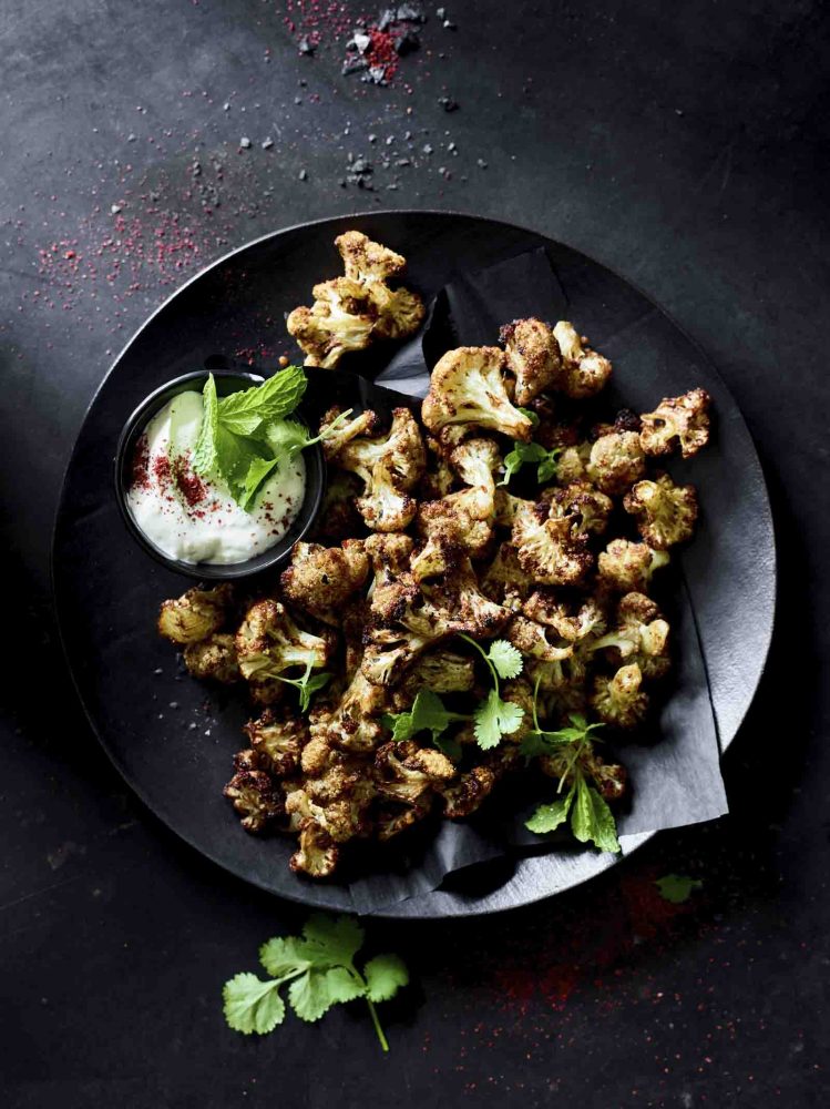 Cauliflower Popcorn with Green Tahini Yoghurt Dip