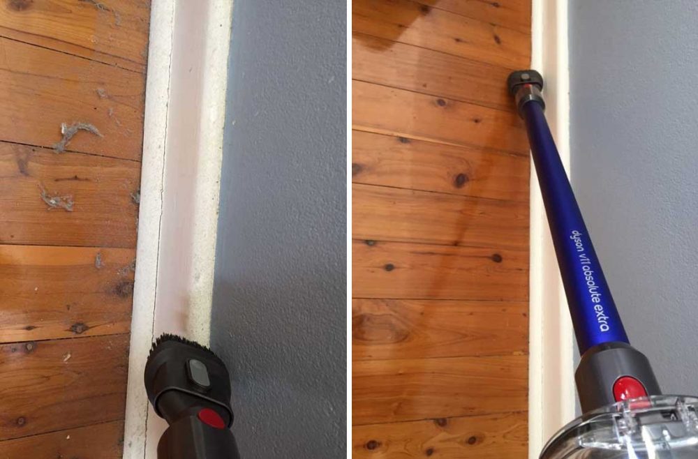 Images of floorboards and skirting before and after being cleaned with the Dyson V11 Absolute Extra.
