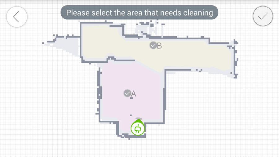 Sections A & B of the cleaning area with charging dock icon