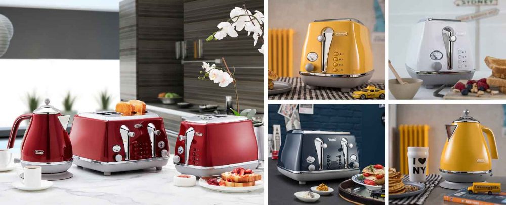 Various coloured toasters and kettles from the De'Longhi Icona Capitals range.