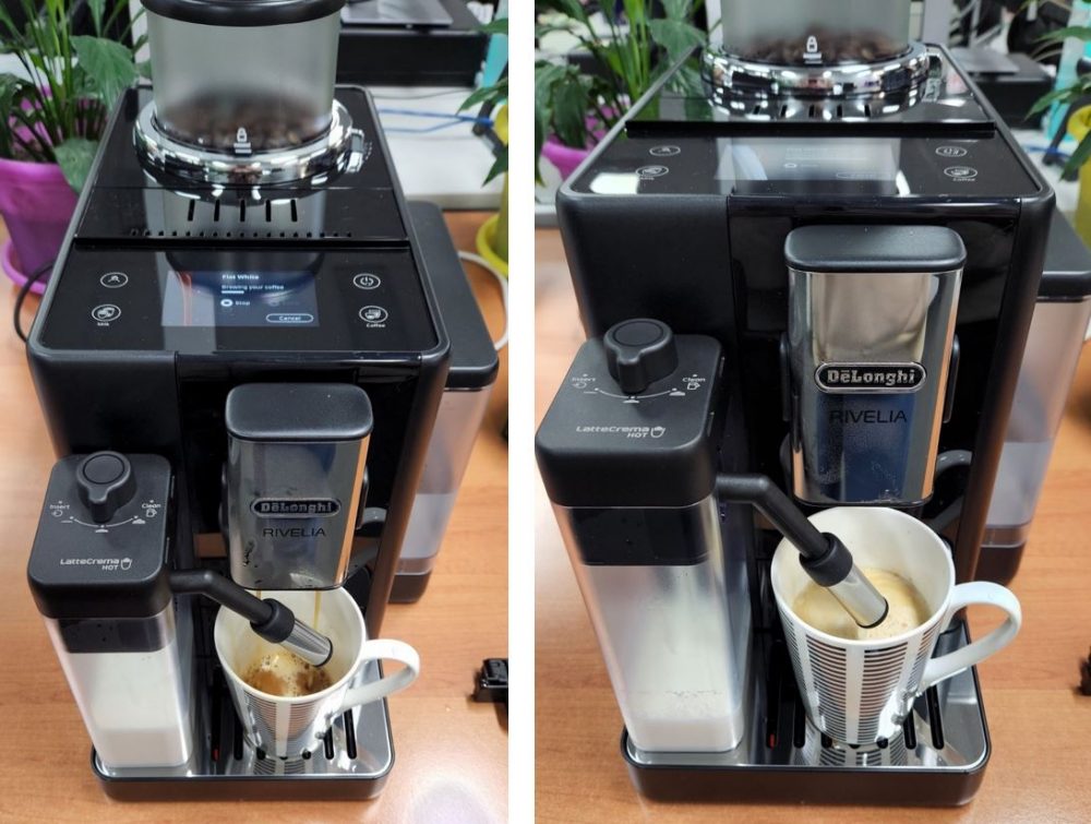 Two images of the De'Longhi Rivelia in the process of creating a cup of coffee.