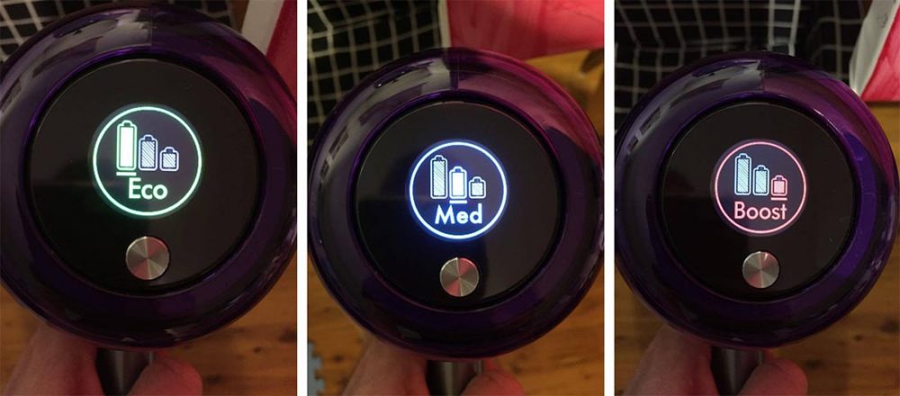 Three images of the Dyson V11 Absolute Extra Cordless Vacuum's LCD screen. The first image shows it in Eco cleaning mode, the second in Auto/Medium, and the third in Boost cleaning mode.