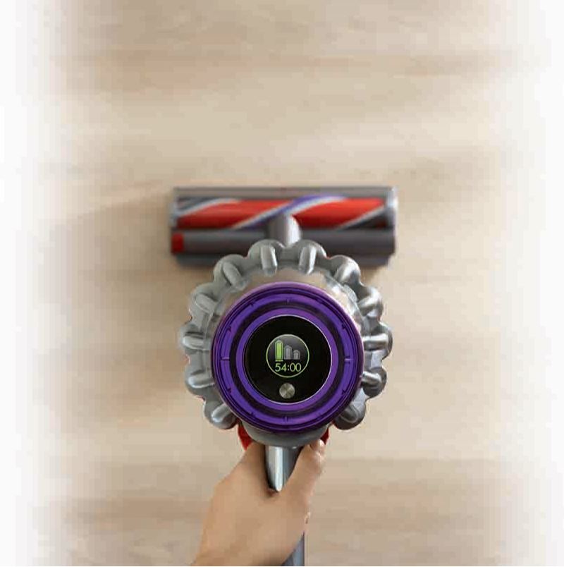 The Dyson V11 Absolute Extra in Eco mode, with its remaining battery run-time displaying on the LCD screen.