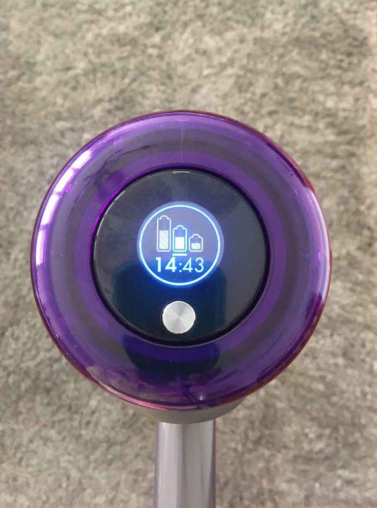 The Dyson V11 Outsize Cordless Vacuum's LCD screen displaying remaining battery run-time.
