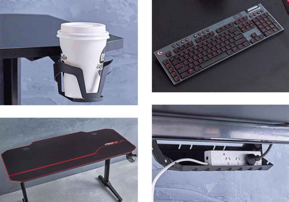 Eagle Gaming Desk Features, including coffee cup holder and cable and powerboard storage.