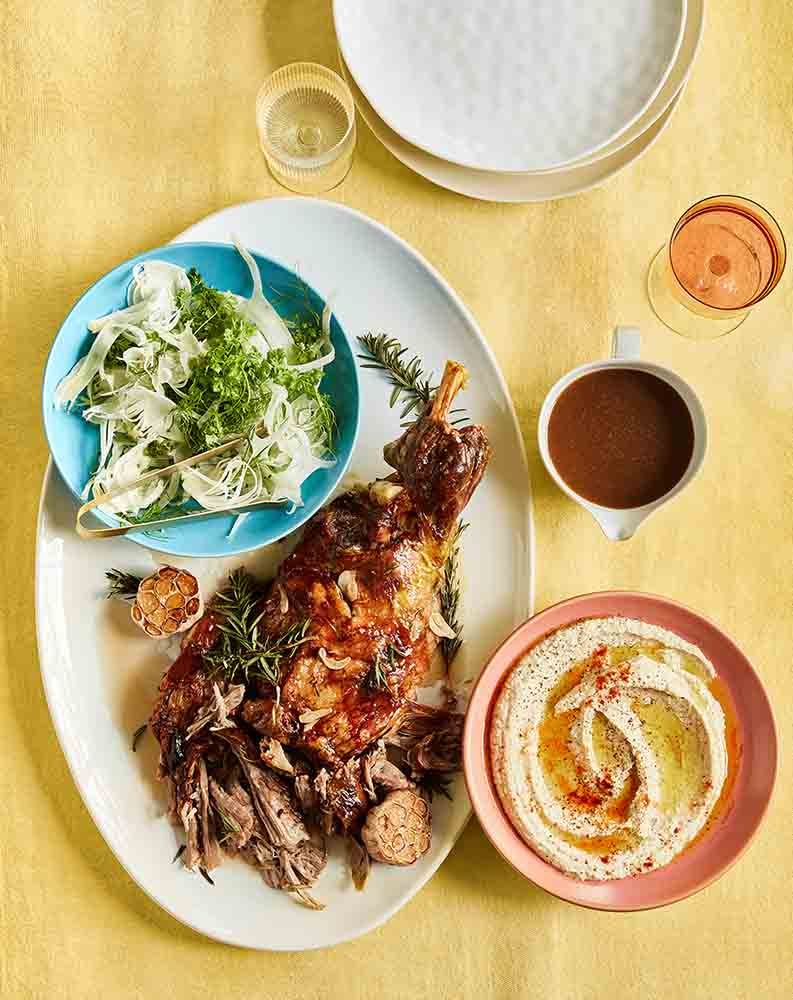 Forequarter Lamb with Chickpea Cream Fennel Cucumber Salad plated.