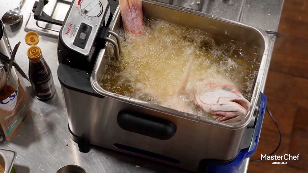 Frying a fish in the MasterChef Tefal Deep Fryer.