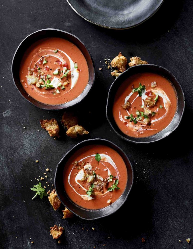 Gazpacho with Salsa and Rustic Croutons.