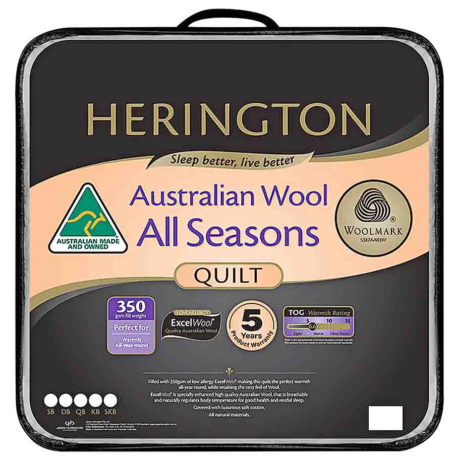 The Herington Australian Made All Seasons Quilt in packaging.
