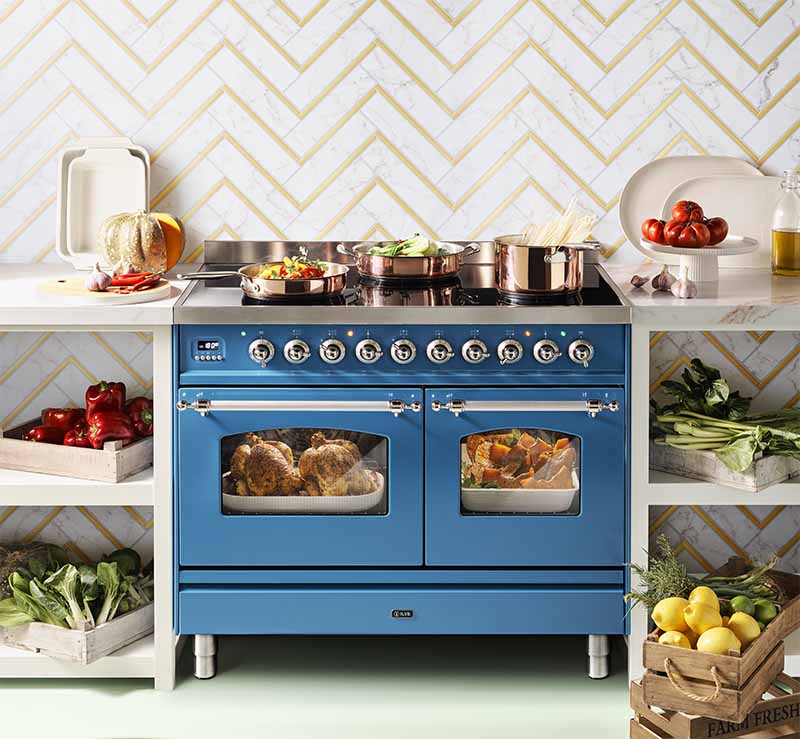 The Ilve Nostalgie Series 1000mm Induction Cooker with Double Electric Ovens.