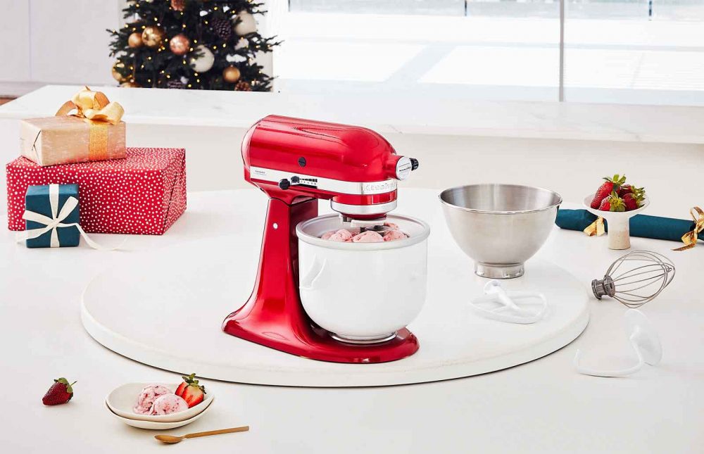 KitchenAid Artisan Stand Mixer creating mix for a Strawberry and Vanilla Bean Ice-cream Recipe.