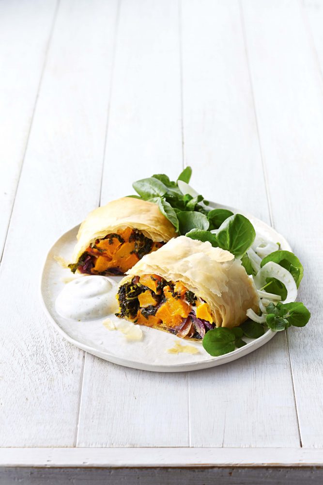 Maple-roasted sweet potato and silverbeet strudel recipe