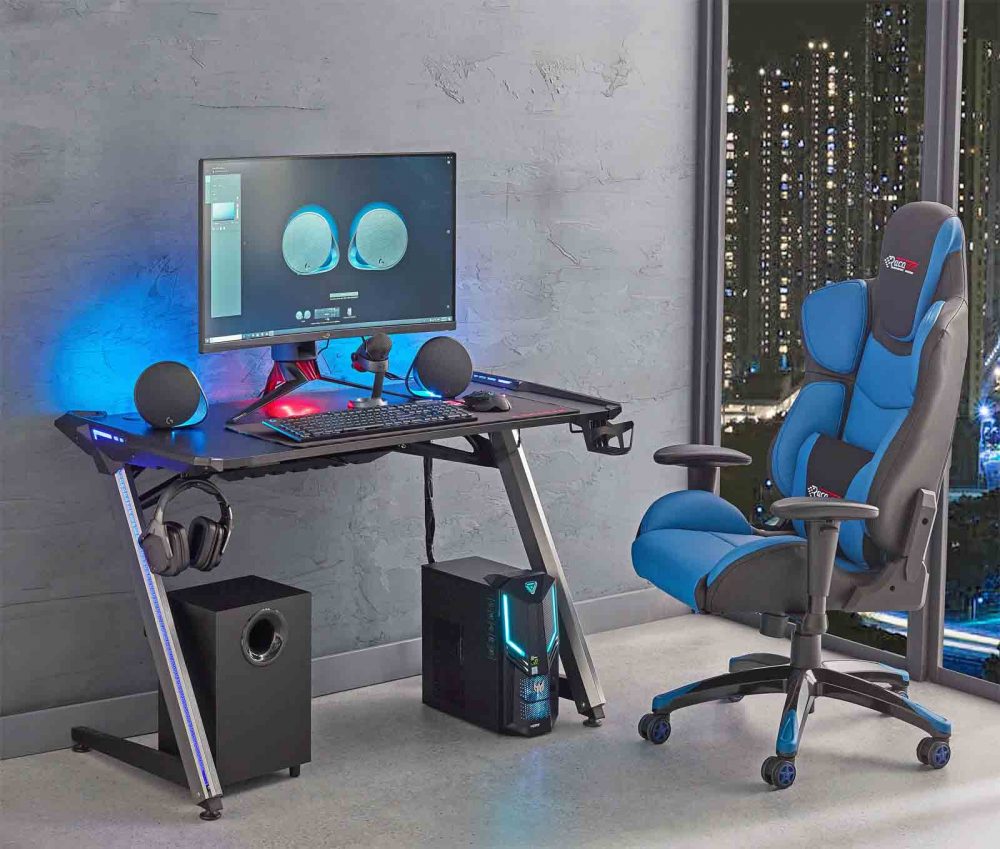 The Mask Gaming Desk pictured with Torino Race Tec Blue Gaming Chair.