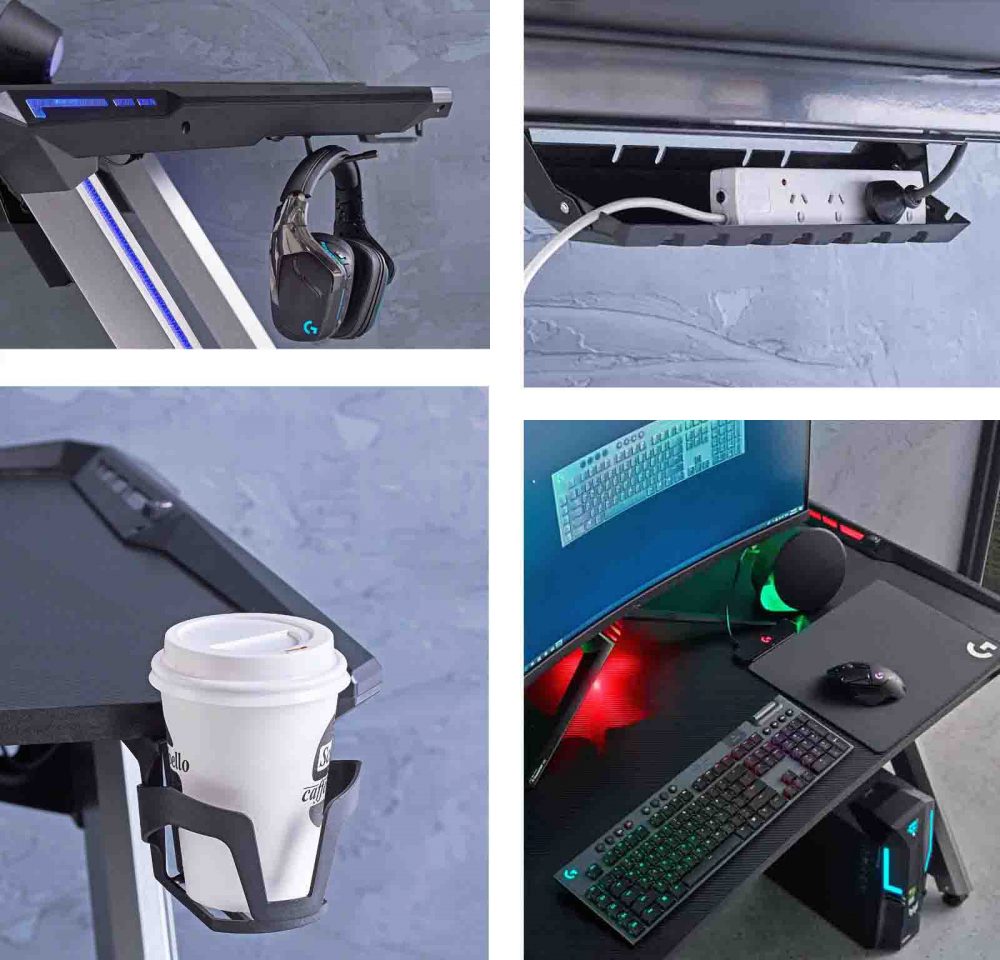 Mask Gaming Desk features, including headphone storage, cable and powerboard storage and coffee cup holder.