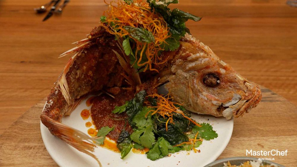 Plated Fried Fish from an episode of MasterChef Australia.