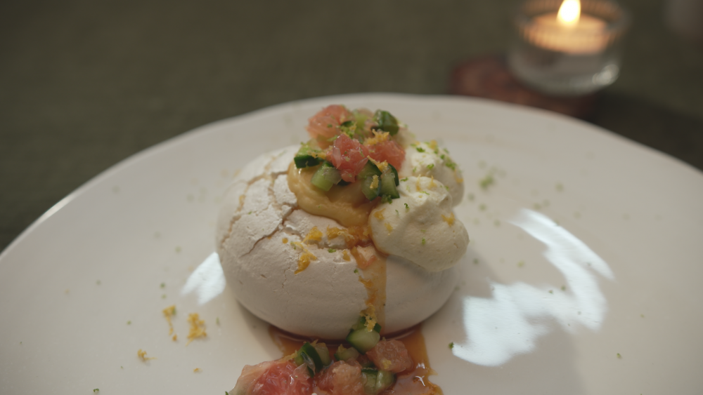 Grapefruit Pavlova plated on an episode of MasterChef Australia.