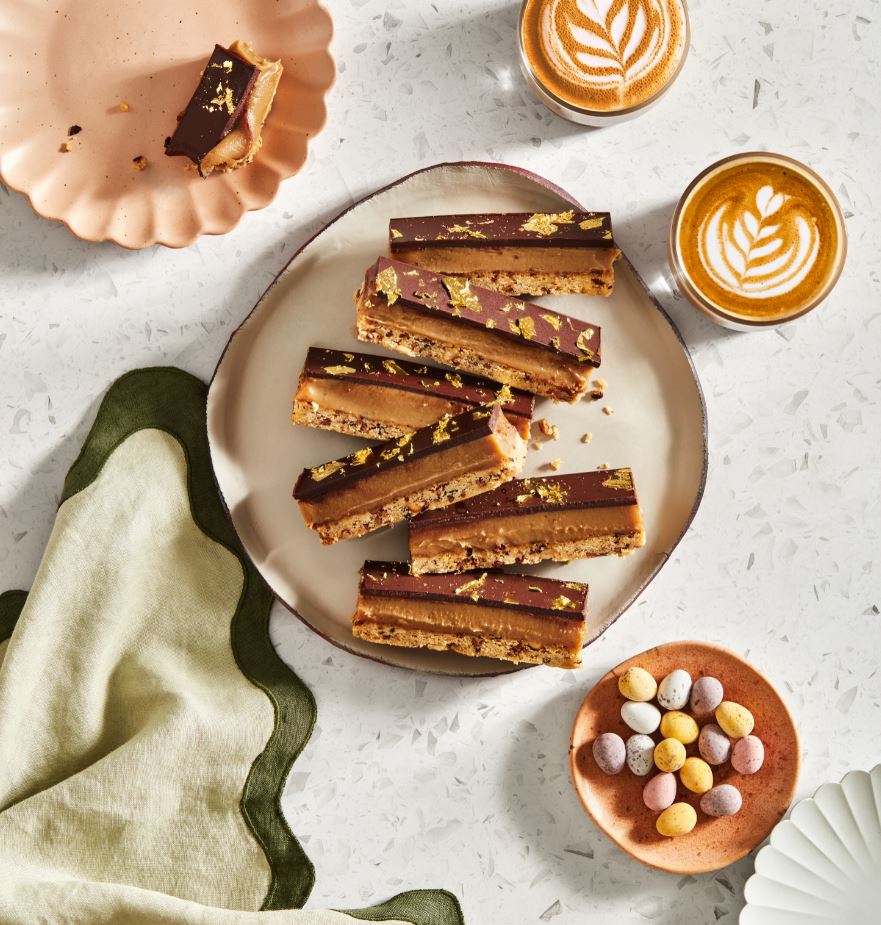 Millionaires Shortbread with Espresso Caramel on a plated.