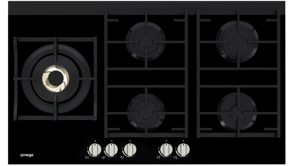 Omega 900mm 5-Burner Gas Cooktop on Black Glass
