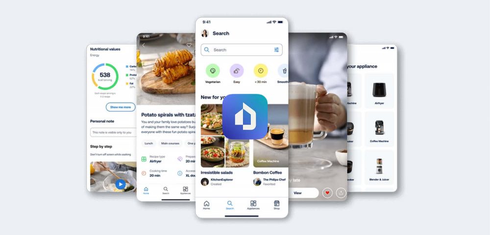 A collection of screenshots from the Philips HomeID mobile app, showing its range of functions including step-by-step recipe guidance.
