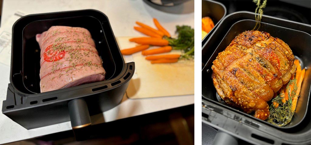 Before and after comparison photo of a pork roast cooked in the air fryer, with the raw product on the left and the cooked results on the right.
