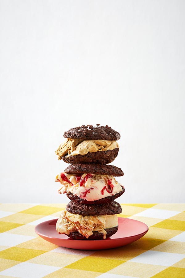 Plated Raspberry, Coffee and Salted Caramel Ice-cream Biscuits.