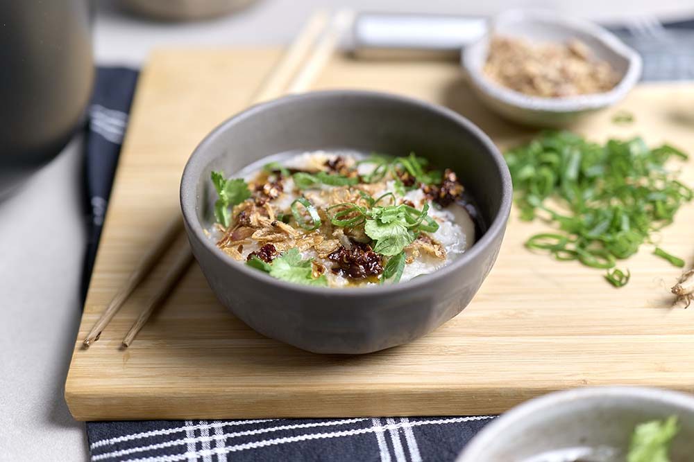Mushroom Congee in a bowl.