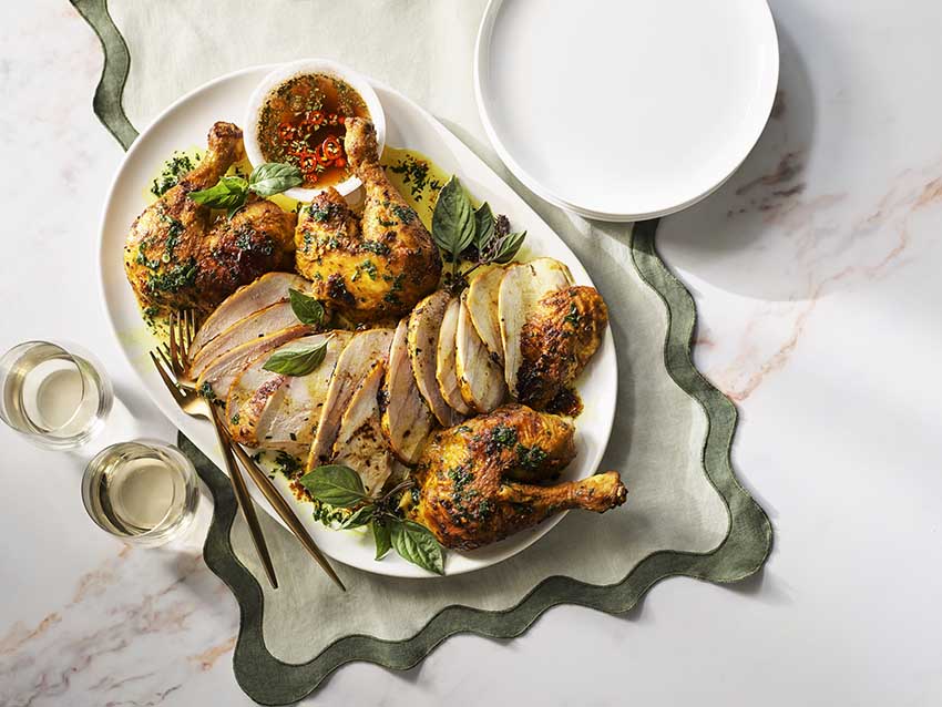 Recipe for Roasted Chicken with Turmeric, Lemongrass and Shallots.