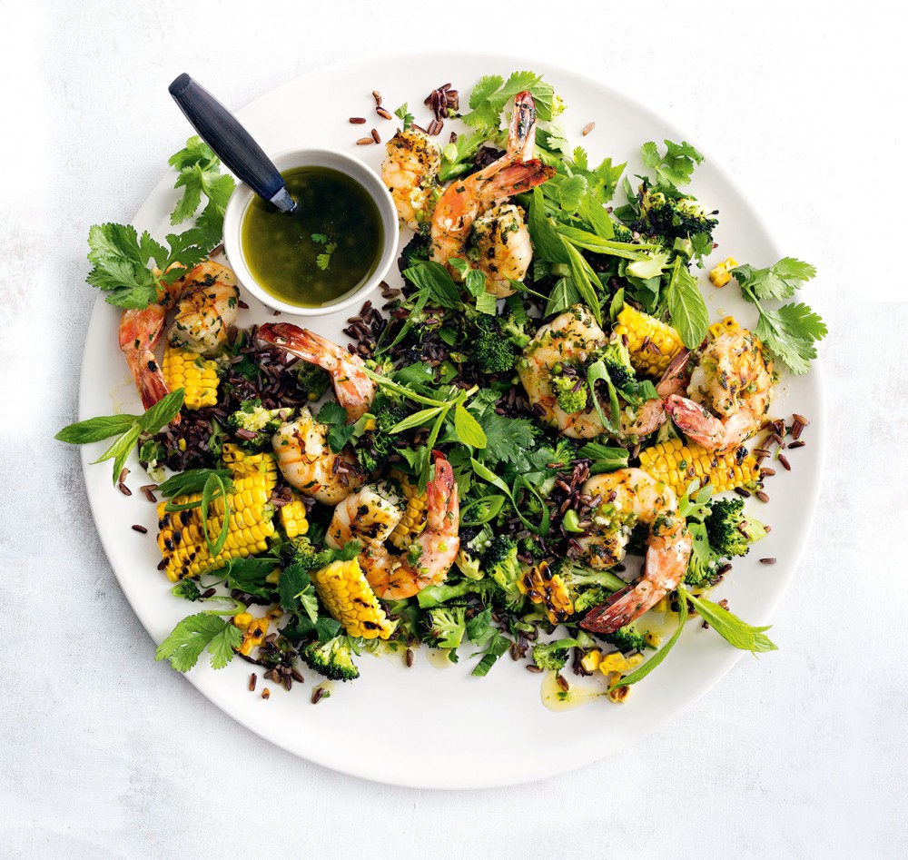 spicy-lime-honey-prawns-with-charred-corn-and-broccoli