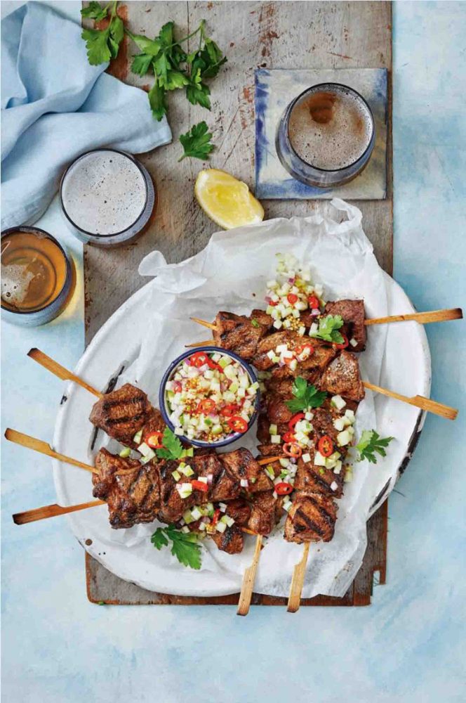 Spicy Soy Lamb Skewers with Nashi Pear Salsa.