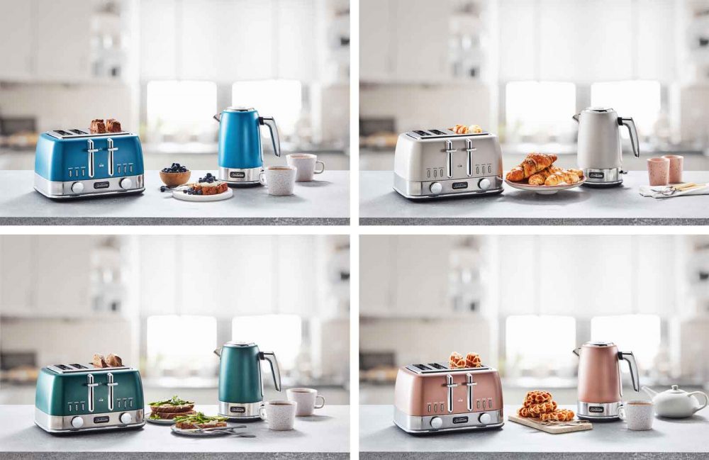 Four coloured Toasters & Kettles from the Sunbeam New York collection.