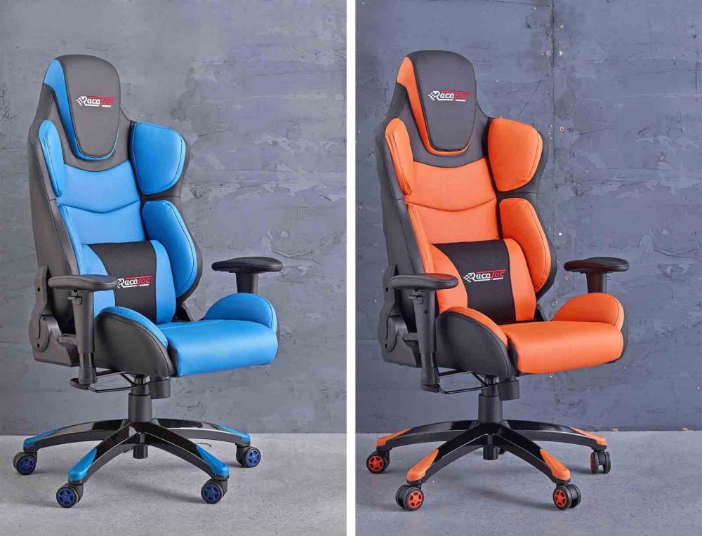 Torino Race Tec Gaming Chair pictured in both Blue+Black and Orange+Black designs..