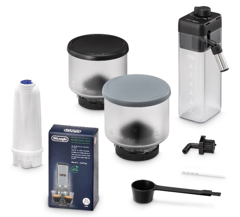 Included items from the De'Longhi Rivelia Automatic Coffee Machine box.