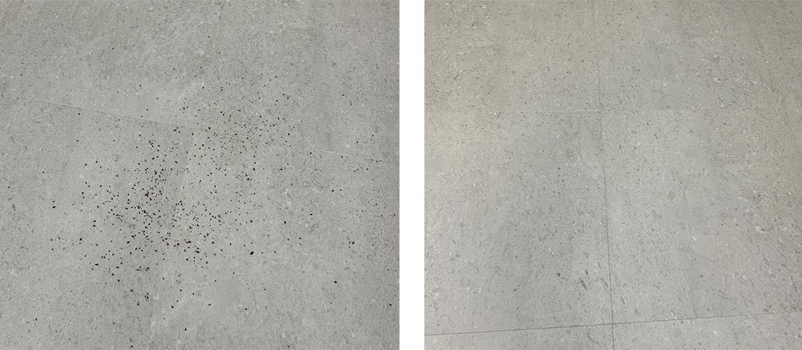 Comparison photo showing a light linoleum floor with instant coffee grounds covering it on the left, and the sparkling clean floor as a result on the right after the Philips robot cleaned it all up.