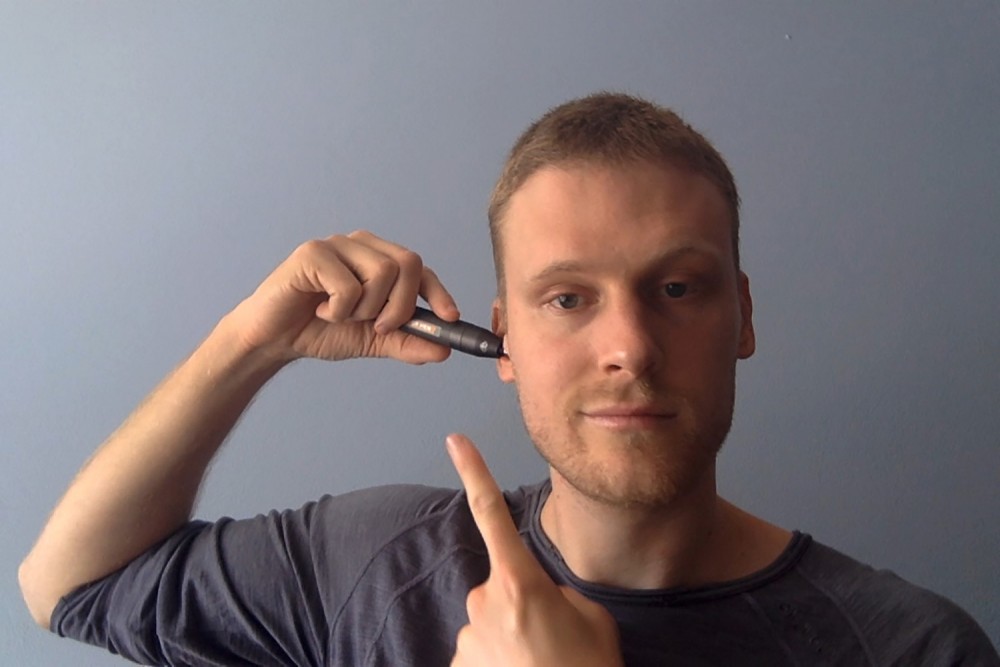 Using The Diamond Precision Ear Trimmer to finish the VSforMen makeover.