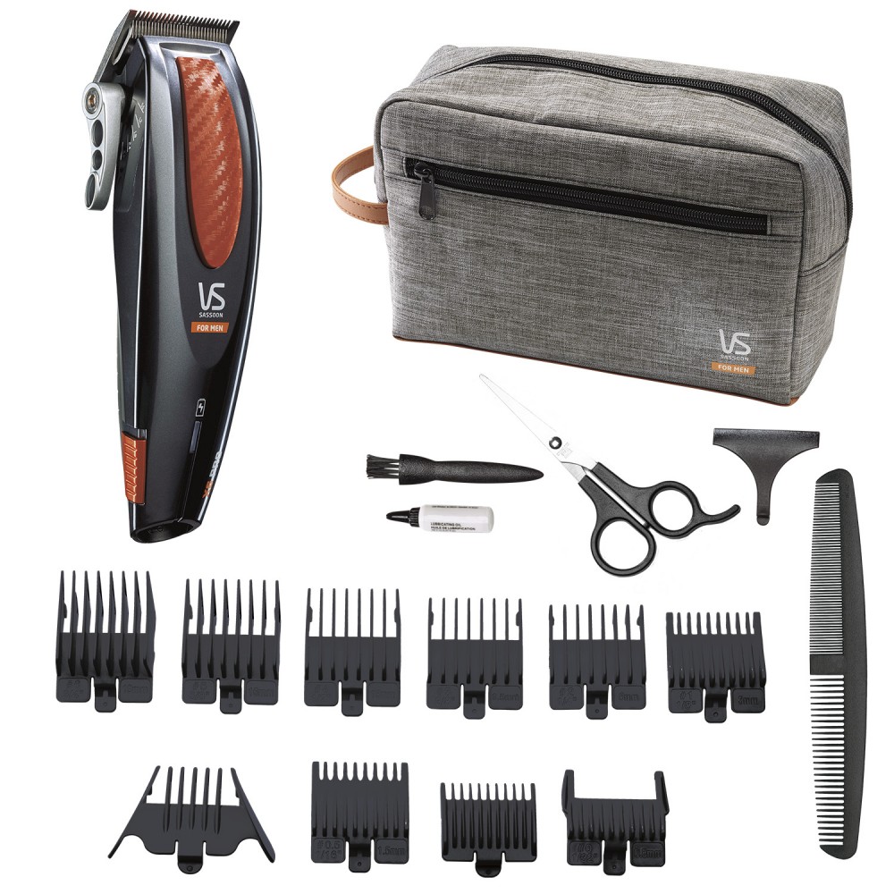 The VSforMen X6 PRO includes the hair clipper, smart comb guides, scissors, comb, brush, oil and bag.