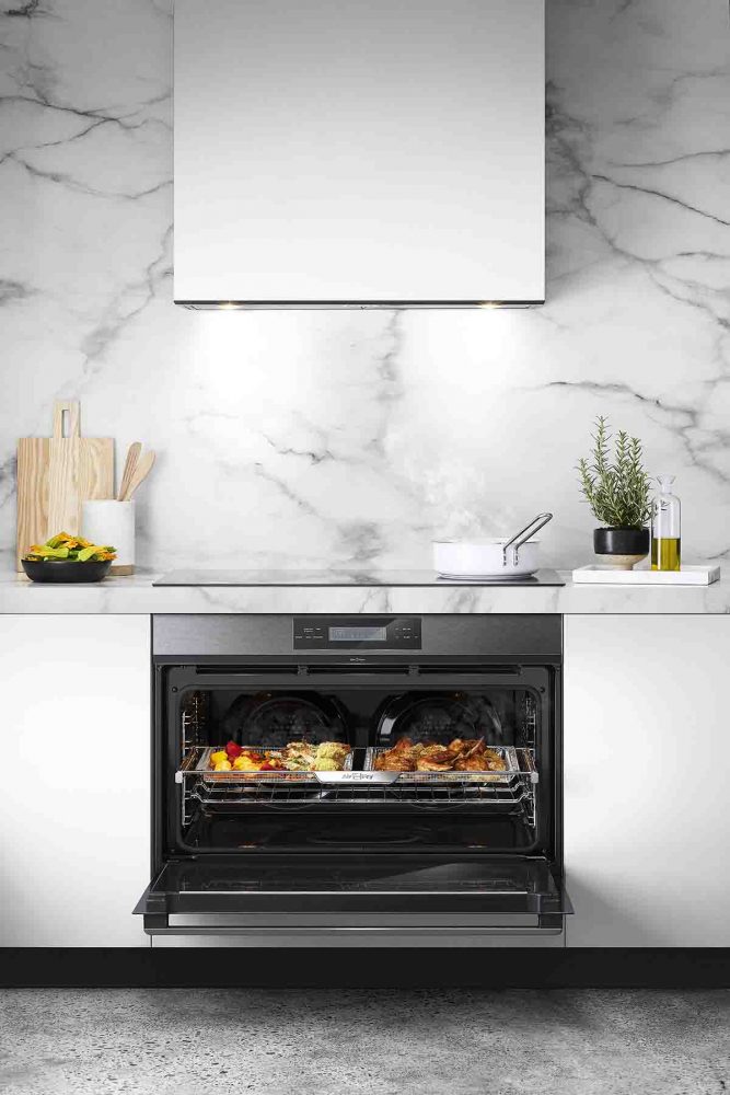 Air-fryer Vegetable Chips and Air-fryer Chicken in a Westinghouse 900mm 12-Function Steam Assist Oven with AirFry function.