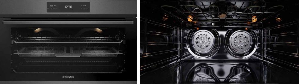 Exterior and interior images of the Westinghouse 900mm 12-Function Steam Assist Oven with AirFry function.