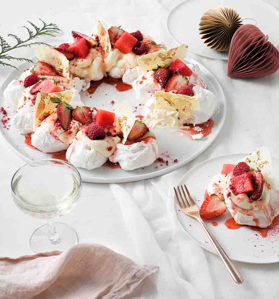 A White Chocolate and Berry Pavlova Wreath.