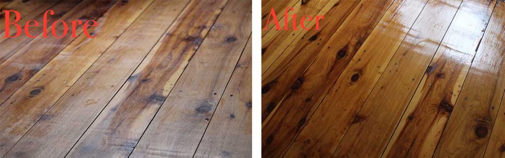 Before & After photos of wooden floorboards upon using the Bissell SpinWave Cordless Mop.